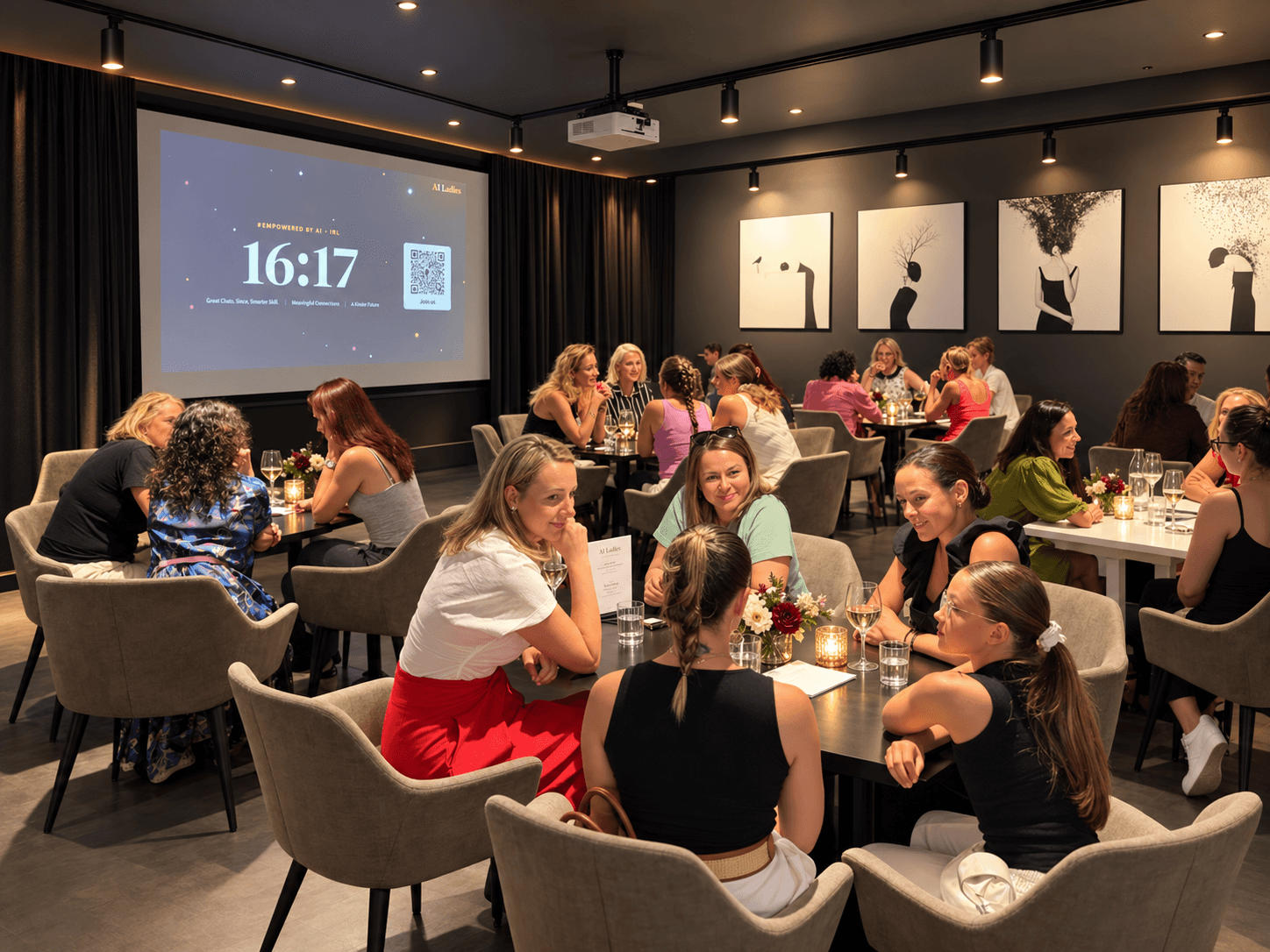 Večerní setkání žen u stolů na AI Ladies Night.