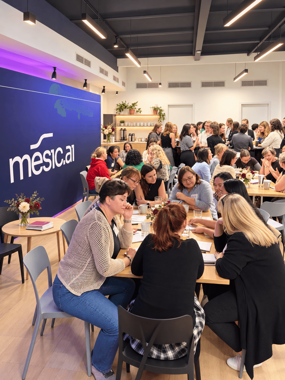 Ženy sdílejí zkušenosti při společné práci u stolů na AI Ladies Night.