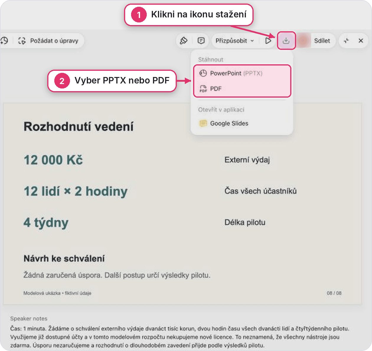 Editor prezentace v ChatGPT se snímkem Rozhodnutí vedení, poznámkami přednášející a rozbalenou nabídkou Stáhnout s položkami PowerPoint (PPTX), PDF a Google Slides