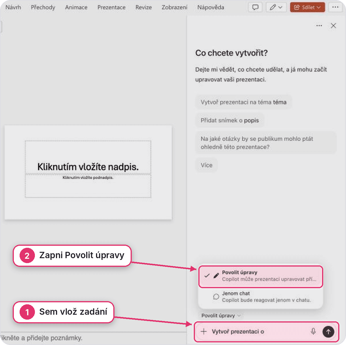 Webový PowerPoint s otevřeným panelem Copilota Co chcete vytvořit?, polem pro zadání a rozbalenou volbou Povolit úpravy nebo Jenom chat