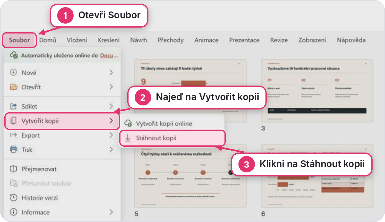 Rozbalená nabídka Soubor ve webovém PowerPointu s položkou Vytvořit kopii a podnabídkou Vytvořit kopii online a Stáhnout kopii