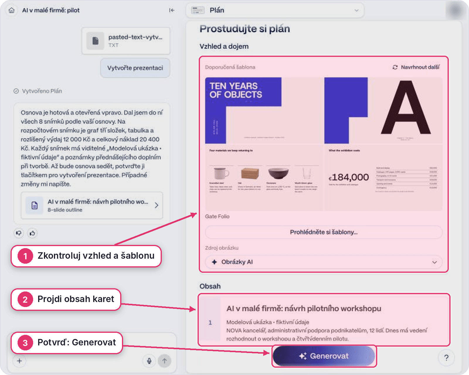 Plán prezentace v Gammě: vpravo doporučená šablona Gate Folio, zdroj obrázků Obrázky AI, obsah první karty a tlačítko Generovat, vlevo chat s přílohou pasted-text a zprávou Vytvořte prezentaci